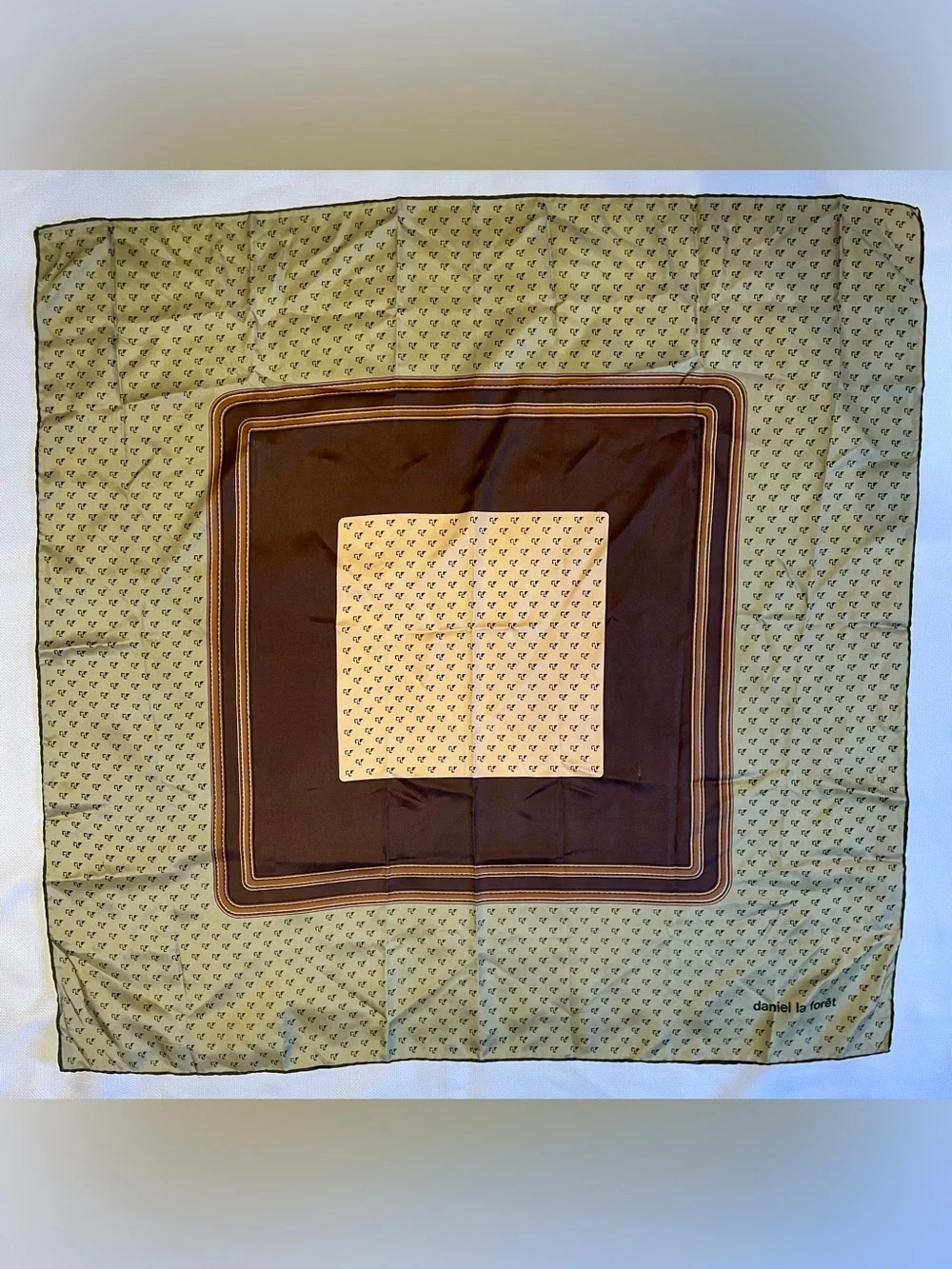 Vintage Silk Daniel La Forêt Geometric Monogram Square Scarf Brown Tan
